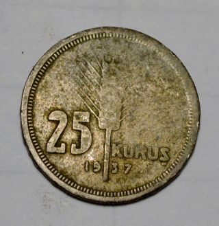 Turkey 1937 25 Kurus Silver Coin. . . . . .  613 photo