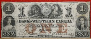 Circulated 1859 Bank Of Western Canada $1 Obsolete Note S/h photo