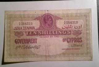 Government Of Cyprus,  10 Shilling Note,  1947 photo
