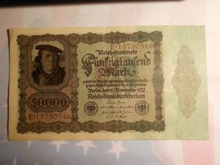 1922 Germany 50,  000 Mark Reichsbanknote Note E - 15730546 photo