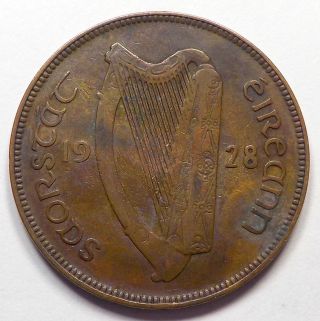 1928 Ireland Penny F - Vf Scarce Irish Harp & Hen With Chicks Bronze World Coin photo