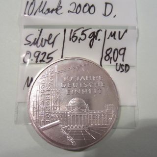 Germany Unc Silver 10 Mark 2000 - D. photo