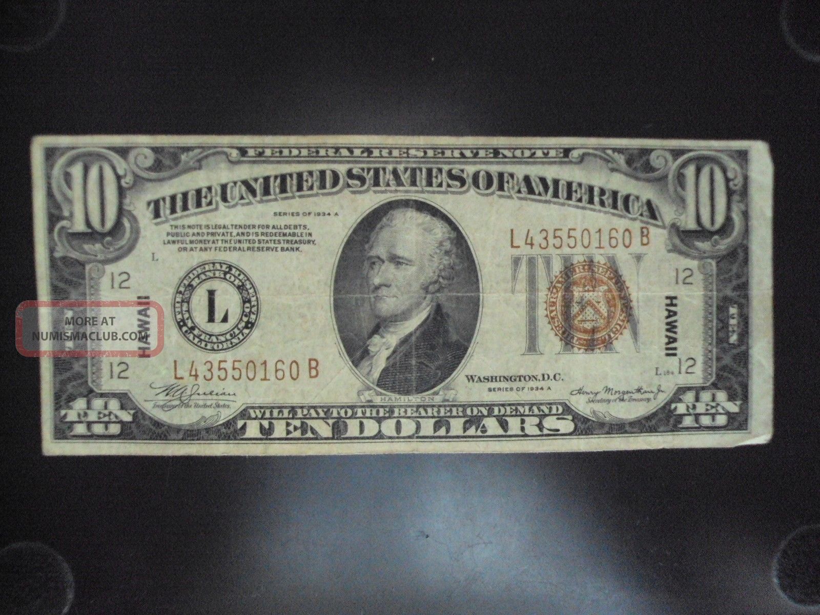 1934 A $10.  00 Ten Dollar Us Federal Reserve Note Wwii Hawaii Emergency Issue Small Size Notes photo
