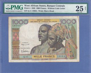 Pmg - 25 Vf West African States 1000 Francs 1st Issue (1959) P - 4 (no Code Letter) photo