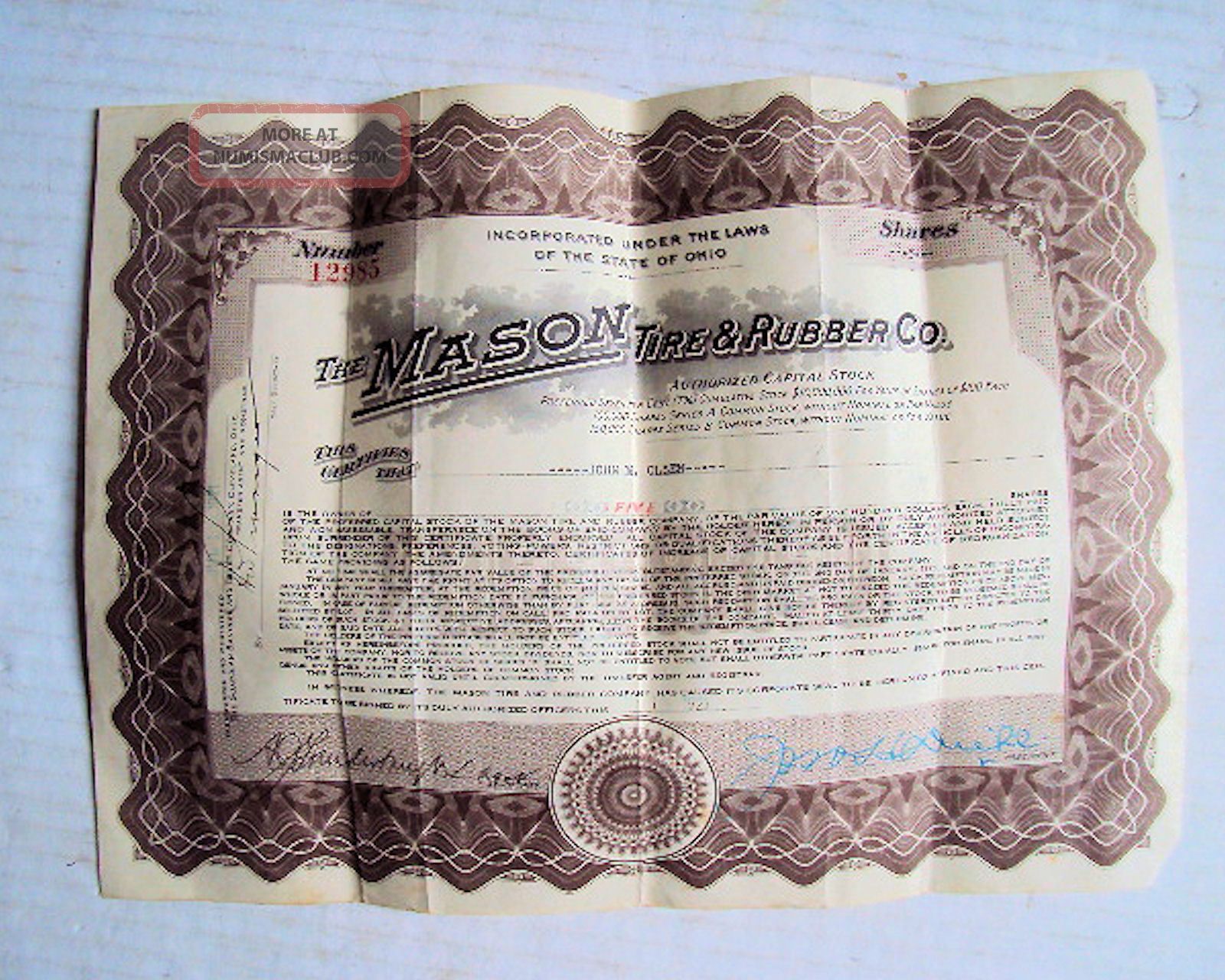 1920 Mason Tire And Rubber Company Stock Certificate - 3 Shares Preferred Transportation photo