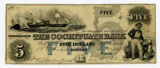 1853 $5 The Cochituate Bank - Boston,  Massachusetts Note W/ Ship photo
