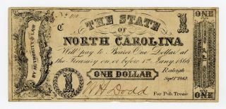 1862 $1 The State Of North Carolina Note - Civil War Era photo