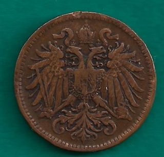 1896 Austria 2 Heller Austro - Hungarian Empire Double Headed Eagle Bronze Coin photo