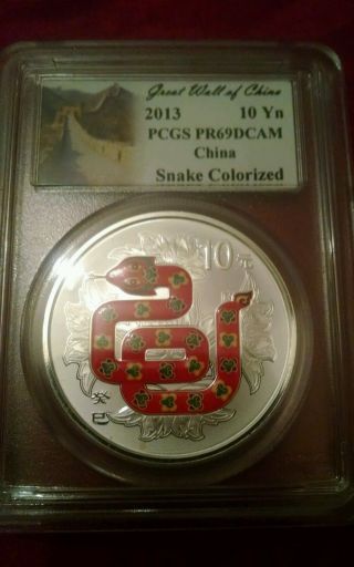 2013 Pcgs Pr69 Dcam China Snake Colorized 1oz Silver Proof S10y Great Wall Label photo