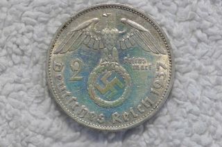 Ww2 German 2 Mark Silver Coin 1937 A Third Reich Swastika Nazi Toning Sk photo