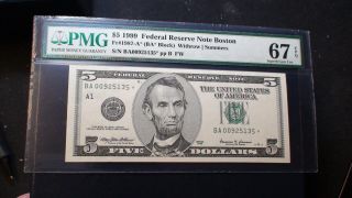 1999 $5 Star Federal Reserve Note Bill Pmg 67 Epq Boston Fr 1987 - A Gem Unc photo