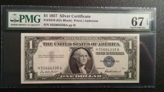 1957 Pmg 67 Epq Gem Ha Block $1 Silver Certificate Uncirc Fr - 1619 photo