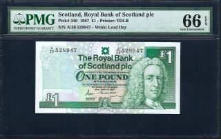 Scotland,  Royal Bank Plc 25.  3.  1987 P - 346 Gem Unc 66 Epq 1 Pound photo