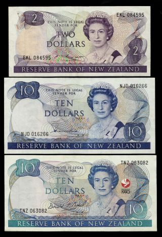 1981 - 92/1990 Reserve Bank Of Zealand $2 And 2 X $10 Qeii Axf/xf photo