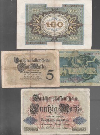 Old German Currency (4) 1920 - 100 Mark,  1914 - 50 Mark,  1904 - 5 Mark,  1914 - 5 Mark photo