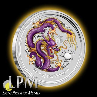 2012 Australian Perth Colorized Purple/orange Lunar Year Dragon 1 Oz Silver Coin photo