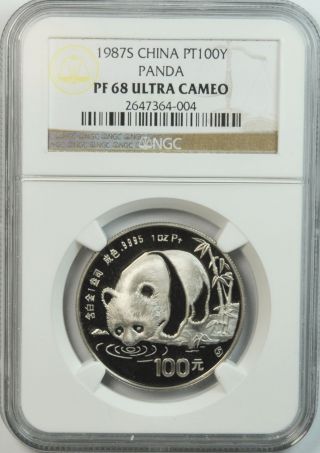 1987 S China 100y Platinum Panda 1 Ozt.  9995 Fine Ngc Pf 68 Uc Only 2000 Minted photo