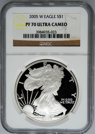 2005 - W $1 Ngc Pf70 Ucameo American (proof Silver Eagle) - Pf70 Rare.  999 1oz photo