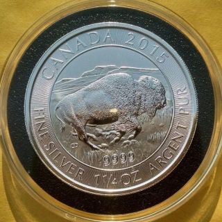 2015 1.  25 Oz $8 Canadian.  9999 Silver Bison Coin (bu) Capsule & photo