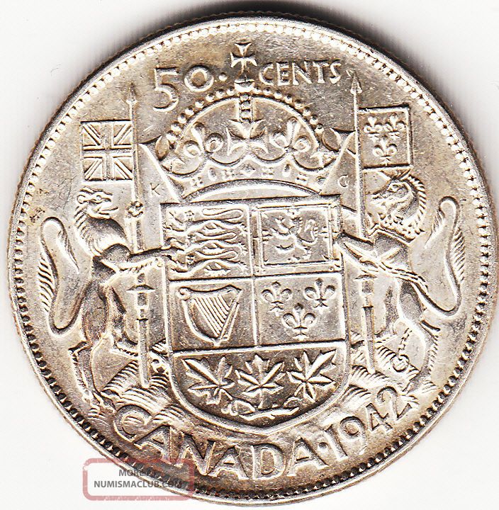 . 800 Silver Lustred 1942 George Vi Fifty Cent Piece Vf - Ef Coins: Canada photo