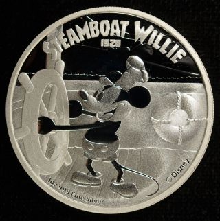 2014 Niue $2 Mickey Mouse Steamboat Willie Silver Proof Only 10k Mintage.  Ogp photo