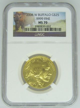 2008 - W $25 Gold American Buffalo.  9999 Fine Gold Ngc Ms70 1/2 Ounce Gold Key photo