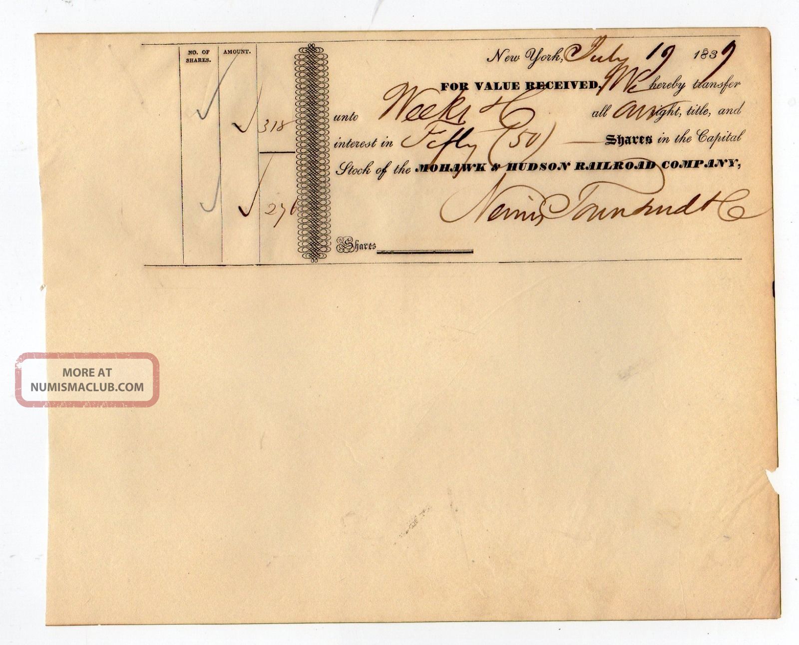 1839 Mohawk And Hudson Railroad Company Stock Transfer Transportation photo