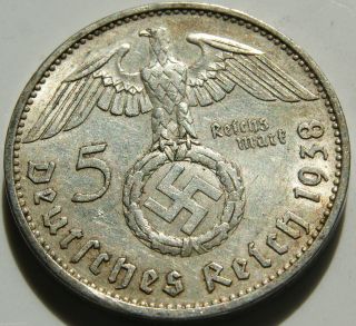 German Silver Coin 5 Rm 1938 A Nazi Coin.  900 Silver photo