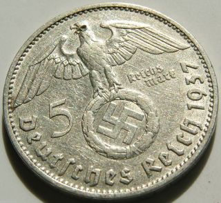 German Silver Coin 5 Rm 1937 D Nazi Coin.  900 Silver photo