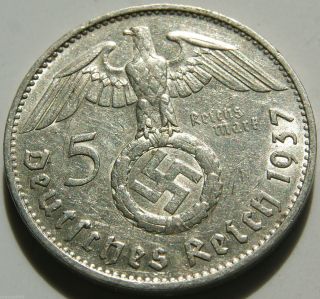 German Silver Coin 5 Rm 1937 F Nazi Coin.  900 Silver photo