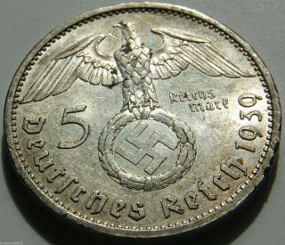 German Silver Coin 5 Rm 1939 A Nazi Coin.  900 Silver photo