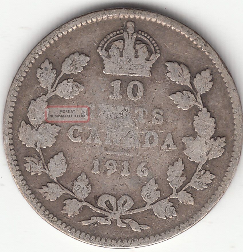 . 925 Silver 1916 George V 10 Cent Piece Vg 8 Coins: Canada photo