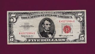 Fr.  1536 Us 1963 $5 Legal Tender Red Seal United States Note Sn A 45272884 A photo