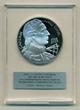 1967 Britannia Commemorative Society Captain James Cook.  999 Silver Medal 1.  3 Oz photo