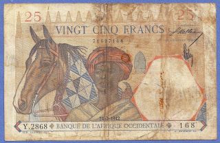 French West Africa 24 - 2 - 1942 25 Francs Horse,  Lion P - 27 168 photo