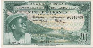 Belgian Congo 20 Francs 1957 P - 31 Unc photo
