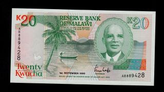 Malawi 20 Kwacha 1990 Ab Pick 26 Unc Banknote. photo