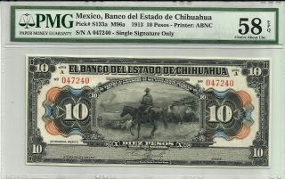 [an] Mexico Chihuahua 10 Pesos 1913 Ps132a Pmg58 Unc photo
