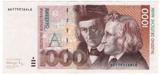 1991 $1000 Mark Deutsche Banknote Bill Note 1000 Germany photo