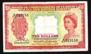 1953 Board Of Commissioners Of Currency Malaya & Borneo Qe $10 Banknote photo