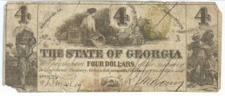 State Of Georgia Milledgeville $4 1864 Issue Green Treasury Seal Moneta 1523 photo