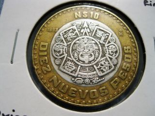Mexico 10 Nuevo Pesos Bimetallic 1993.  925 Silver Center Km 553 Diez Pesos N$10 photo