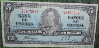 1937 Bank Of Canada 5.  00 Dollar Bank Note Uninsured photo