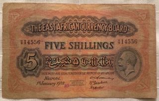 1933 East Africa 5 Shillings Banknote The East African Currency Board Nairobi photo