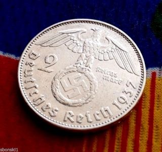2 Mark German Silver Coin Wwii 1937 E Swastika 3rd Reich Reichsmark 5 Star photo