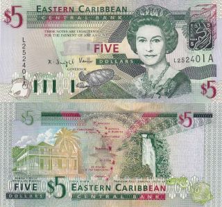 East Caribbean (antigua) 5 Dollars - Green - Throated Carib/ P42a photo
