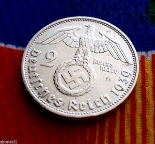 2 Mark German Silver Coin Wwii 1939 D Swastika 3rd Reich Reichsmark 5 Star photo