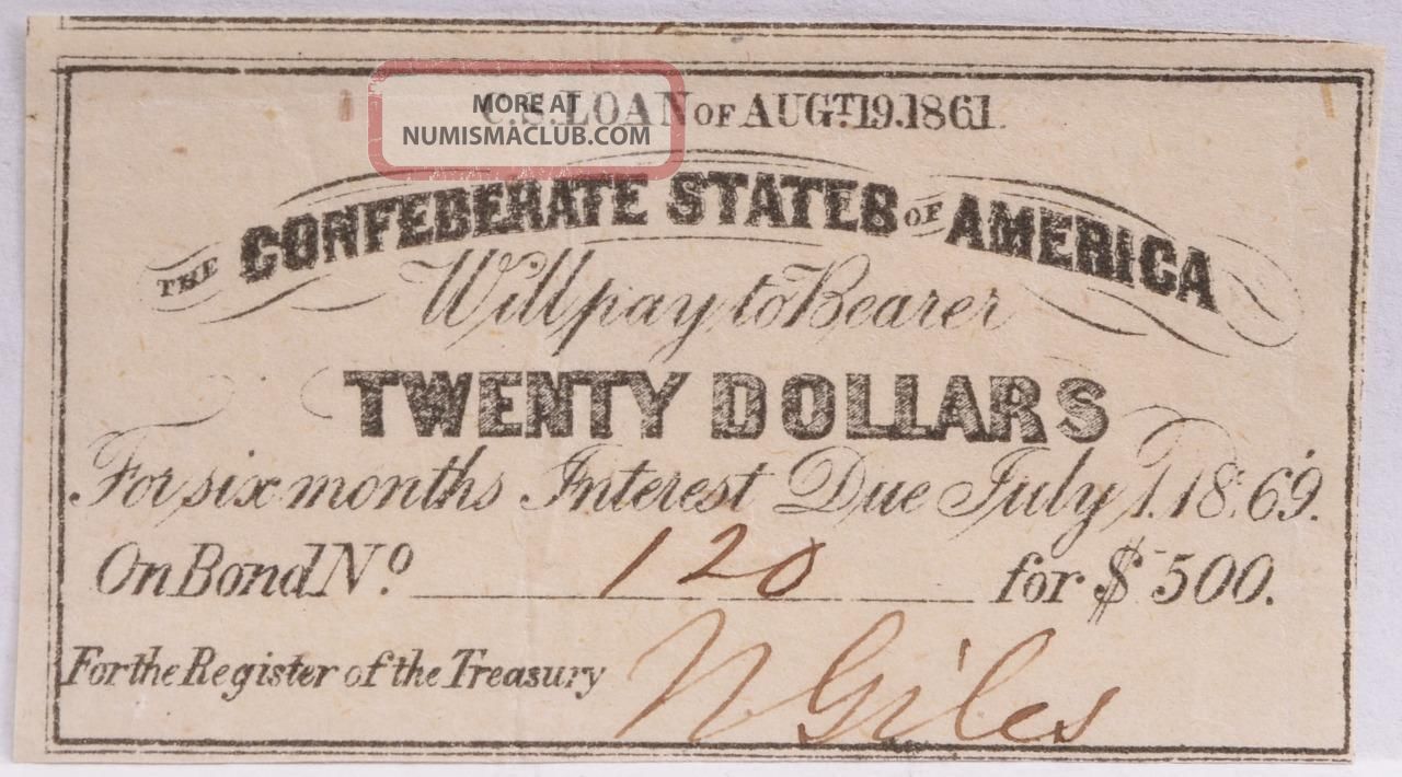 Civil War Confederate $500 Bond C.  S.  Loan 1861 $20 Coupon Richmond Va 120 Stocks & Bonds, Scripophily photo