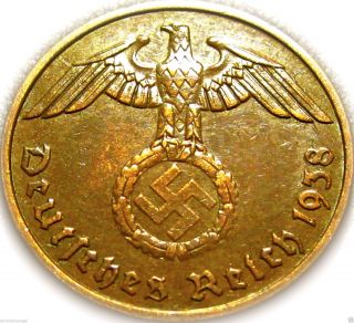 German 3rd Reich - German 1938e 2 Reichspfennig Coin W/ Swastika - Ww 2 photo