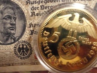 Nazi Gold 5 Rm 1938 Coin & Very Rare Nazi Banknote - photo